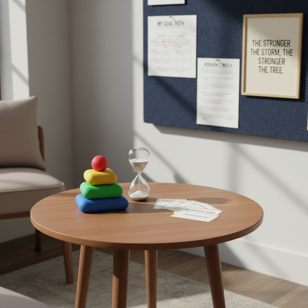 A warm, professional counseling room corner featuring a low, circular wooden table with a smooth matte finish, holding a small stack of brightly colored stress balls, a sand timer, and a set of neatly arranged affirmation cards. Behind the table, a soft, textured navy fabric pinboard displays pinned goal charts, resilience worksheets, and a printed quote about overcoming adversity. Diffused daylight from an unseen window creates an even, inviting glow, with gentle shadows adding depth. Captured in photographic realism from a slightly elevated angle, the composition uses the rule of thirds and shallow depth of field, creating a calm, reassuring environment that subtly suggests structured support for at-risk youth without showing any people.