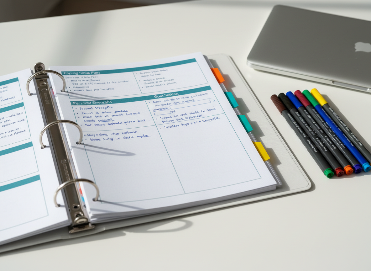 An open three-ring binder lying on a smooth white desk, filled with neatly printed worksheets titled “Coping Skills Plan,” “Personal Strengths,” and “Goal Setting,” each page annotated with tidy handwritten notes in blue ink. Colorful adhesive tabs in teal, orange, and yellow mark important sections along the binder’s edge. Nearby, a set of fine-tip markers and a closed laptop with a matte silver finish rest in soft focus. Natural morning light streams in from the left, casting clean, defined shadows and slight highlights on the glossy plastic of the tabs. Photographic realism at a slightly overhead angle, with sharp focus on the binder, creates a professional, organized, and empowering mood appropriate for a counseling and consulting resource page.
