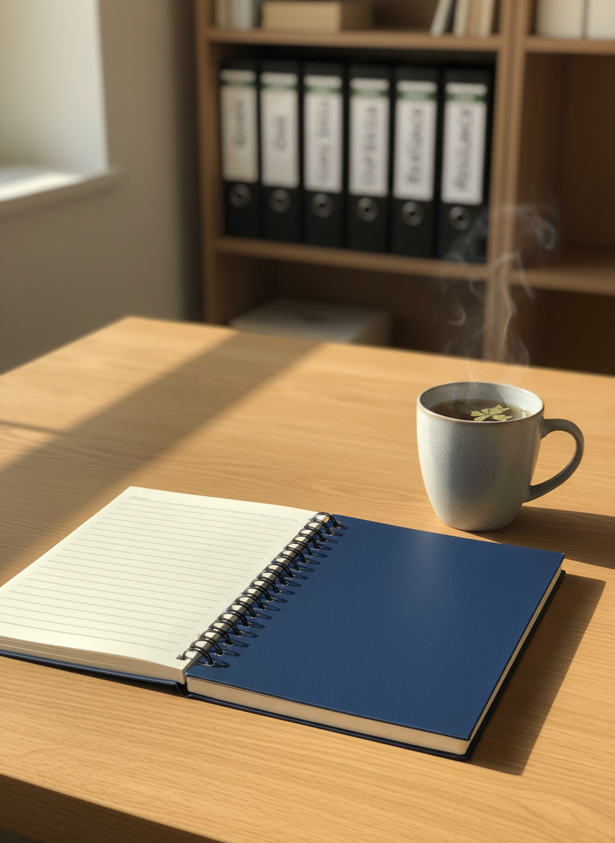 A neatly arranged counseling workspace featuring an open spiral-bound journal with crisp, lined pages and a smooth navy-blue cover, resting beside a softly textured gray ceramic mug filled with herbal tea on a light oak desk. In the background, blurred bookshelves hold organized binders labeled with words like “Goals,” “Coping Skills,” and “Resilience.” Gentle afternoon sunlight filters through a nearby window, creating soft highlights on the desk’s wood grain and casting calm, elongated shadows. Photographic realism at eye level with a slight angle, sharp focus on the journal and mug with a subtle bokeh background, conveys a professional, hopeful, and supportive atmosphere suitable for an at-risk youth counseling nonprofit homepage.