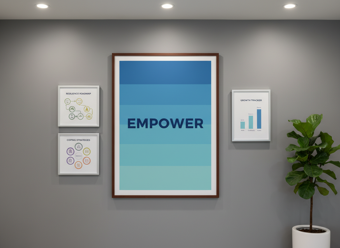A thoughtfully designed resource wall featuring a large, framed poster with the word “EMPOWER” in bold navy letters over a gradient background of calming blues and soft teal. Surrounding it are smaller framed visuals: a resilience roadmap chart, a coping strategies infographic, and a simple growth tracker with ascending bars. The wall is painted a soft, neutral gray, and a tall, leafy plant in a simple white pot stands near the corner, adding organic texture. Overhead recessed lighting casts a gentle, even illumination that eliminates harsh shadows. Photographic realism, captured straight-on with symmetrical framing and sharp focus throughout, creates a clean, modern, and professional atmosphere that visually communicates structured support and hope for at-risk youth.